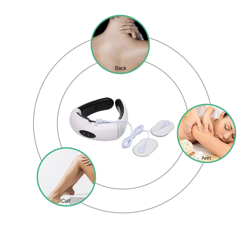 Cervical massager with 6 modes, white colour, ABS and gel construction, compact neck massage device