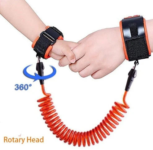 A child safety wristband with a translucent, tough PU rope that allows 360-degree free rotation and a breathable, comfortable interior.