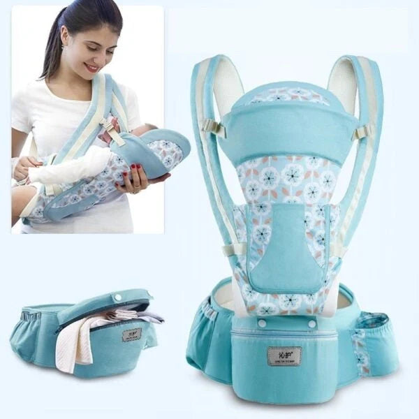 Multi-functional baby waist stool in various colours, designed for infants aged 3-36 months with a 20kg load capacity.