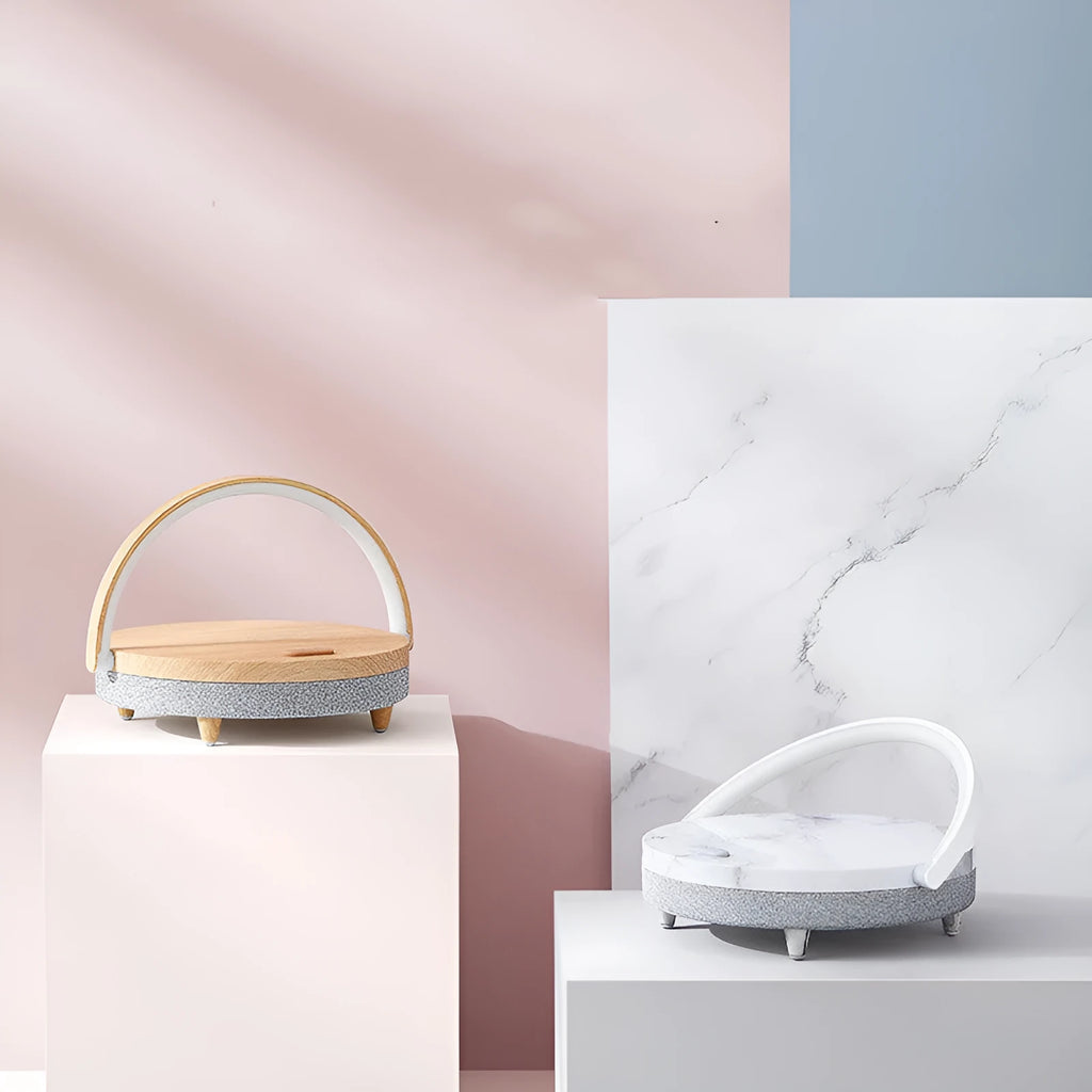 Wireless charging desk lamp with Bluetooth speaker and phone holder in marble pattern finish