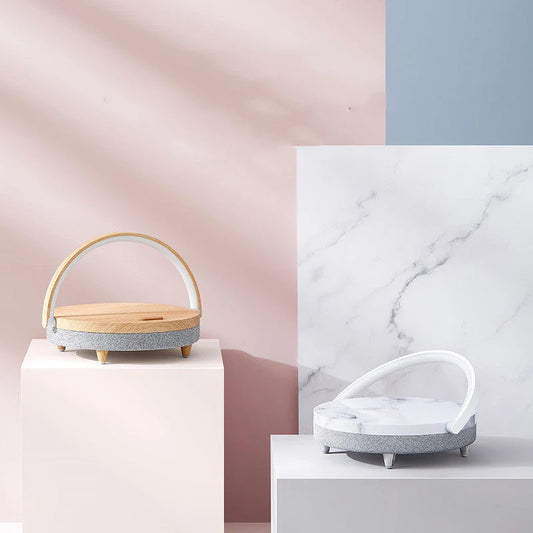 Wireless Charging LED Night Light with Bluetooth Speaker in marble and wood grain finishes