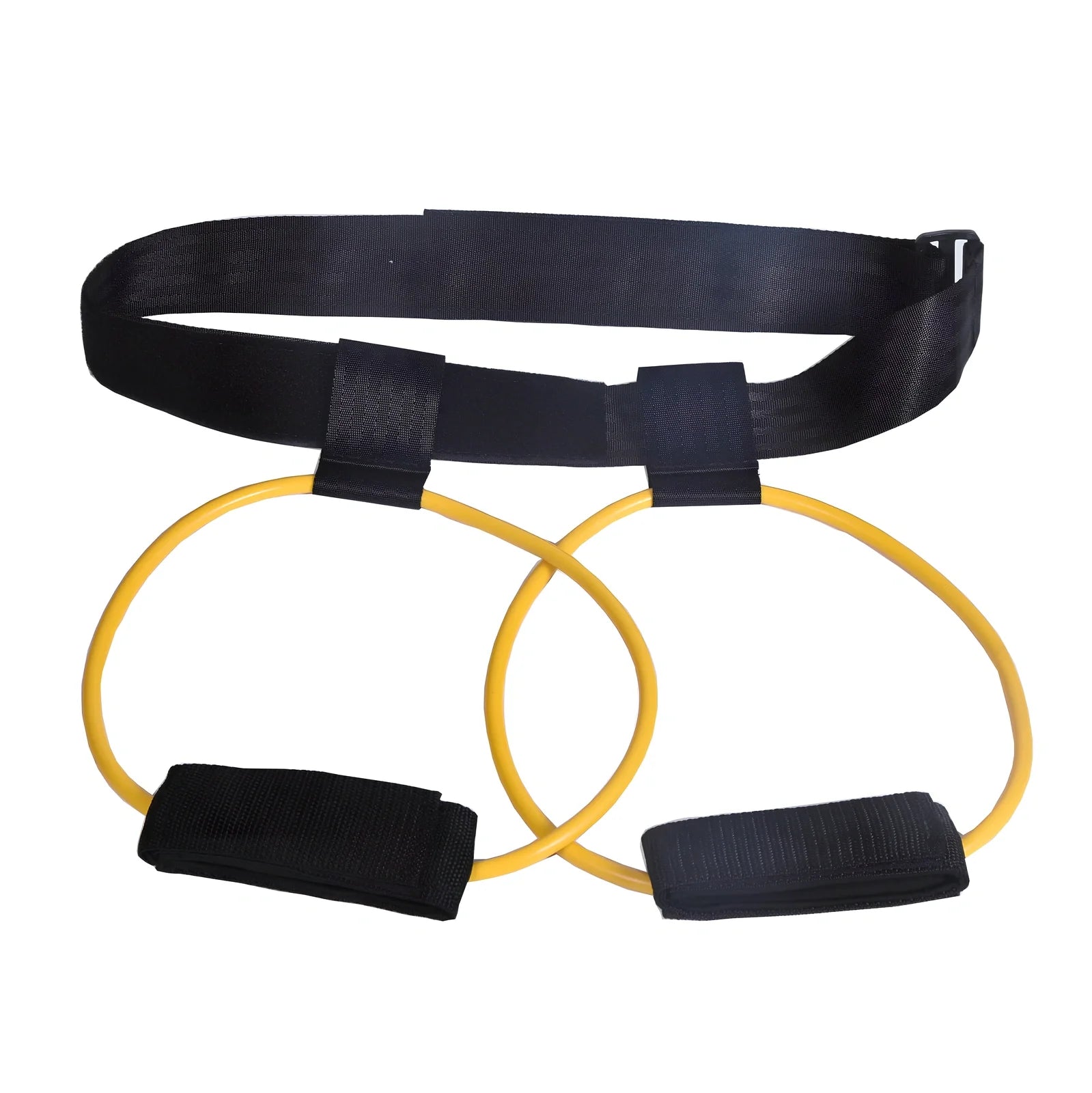 Women's adjustable waist resistance band with colour-coded latex tubes and pedal exerciser foot straps