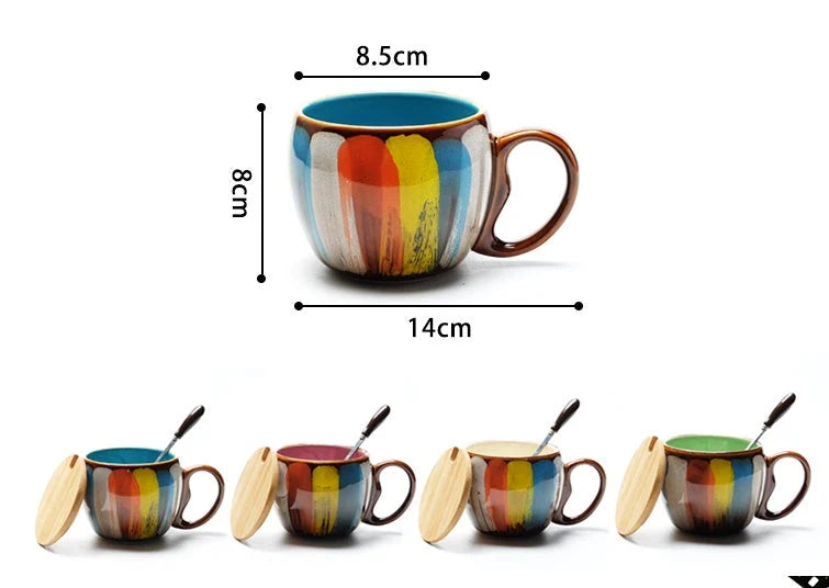 Handmade ceramic cup set with lid and spoon in vibrant colours, 350ml capacity