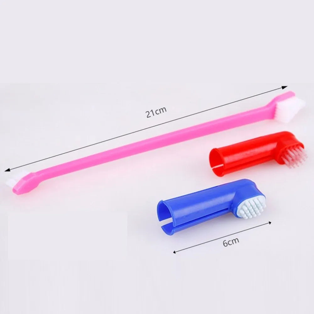 Pet toothbrush set with double head plastic brush and two soft silicone finger toothbrushes for dogs and cats