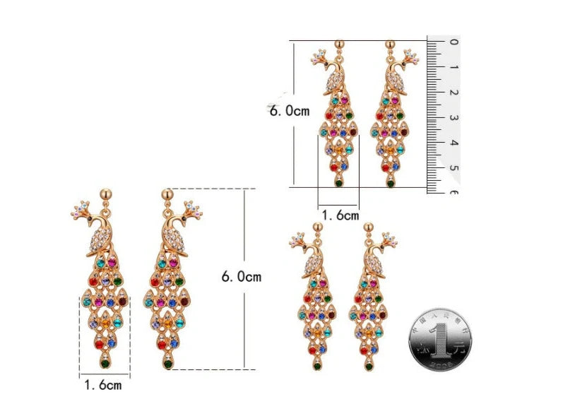 Creative Crystal Peacock Bridal Jewelry Set showing earrings, necklace, and bracelet with alloy construction and crystal accents