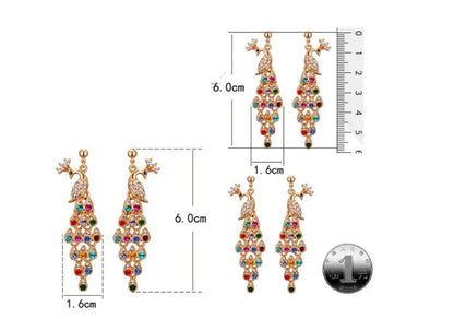 Creative Crystal Peacock Bridal Jewelry Set showing earrings, necklace, and bracelet with alloy construction and crystal accents