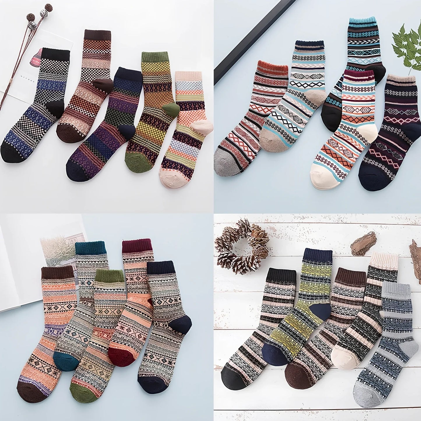 Pack of 5 thick stripe wool blend socks in various colours, featuring 15% rabbit hair for winter warmth, fitting sizes 39-42