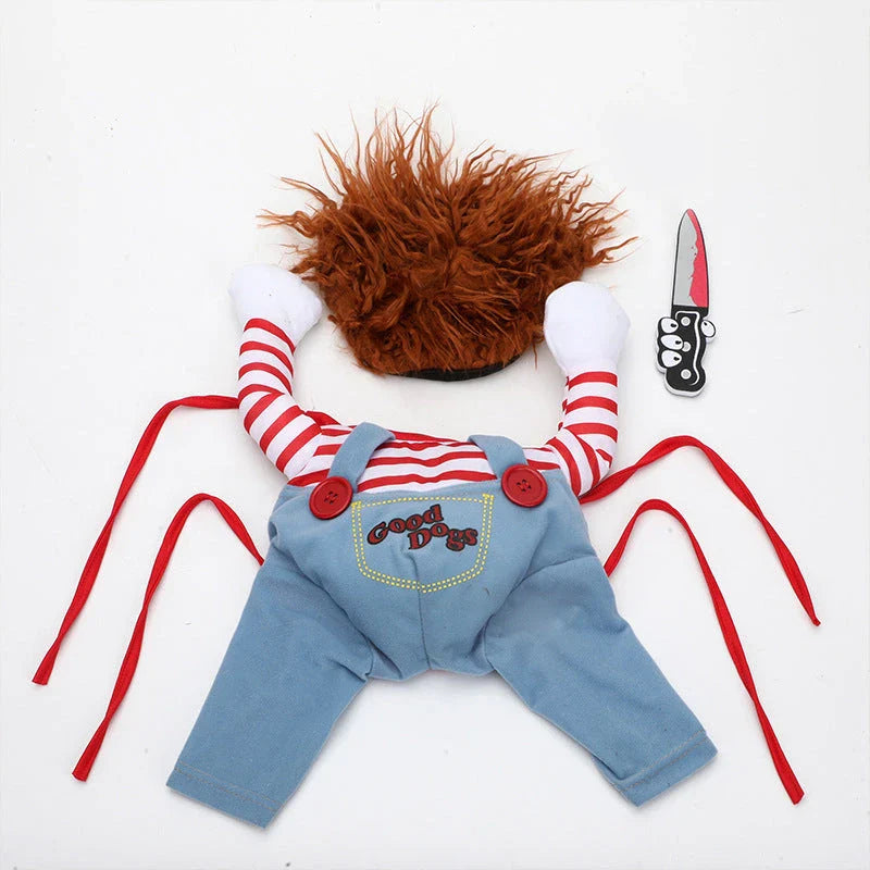 Adjustable polyester pet Halloween costume with wig and foam knife accessories for dogs