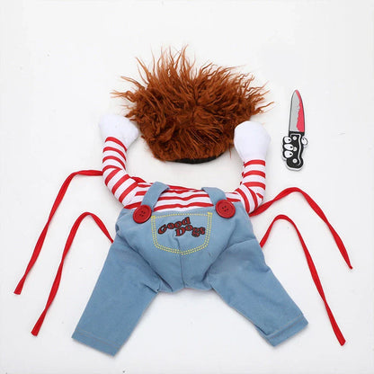 Adjustable polyester pet Halloween costume with wig and foam knife accessories for dogs