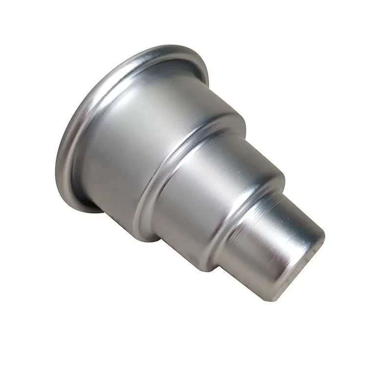 Silver aluminium alloy three-layer cake mould set showing large, medium and small graduated sizes