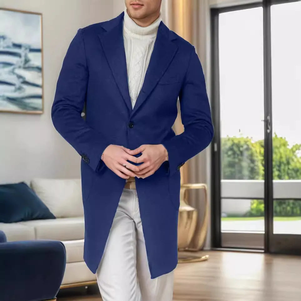 British-style medium-length slim fit men's wool winter coat in navy blue