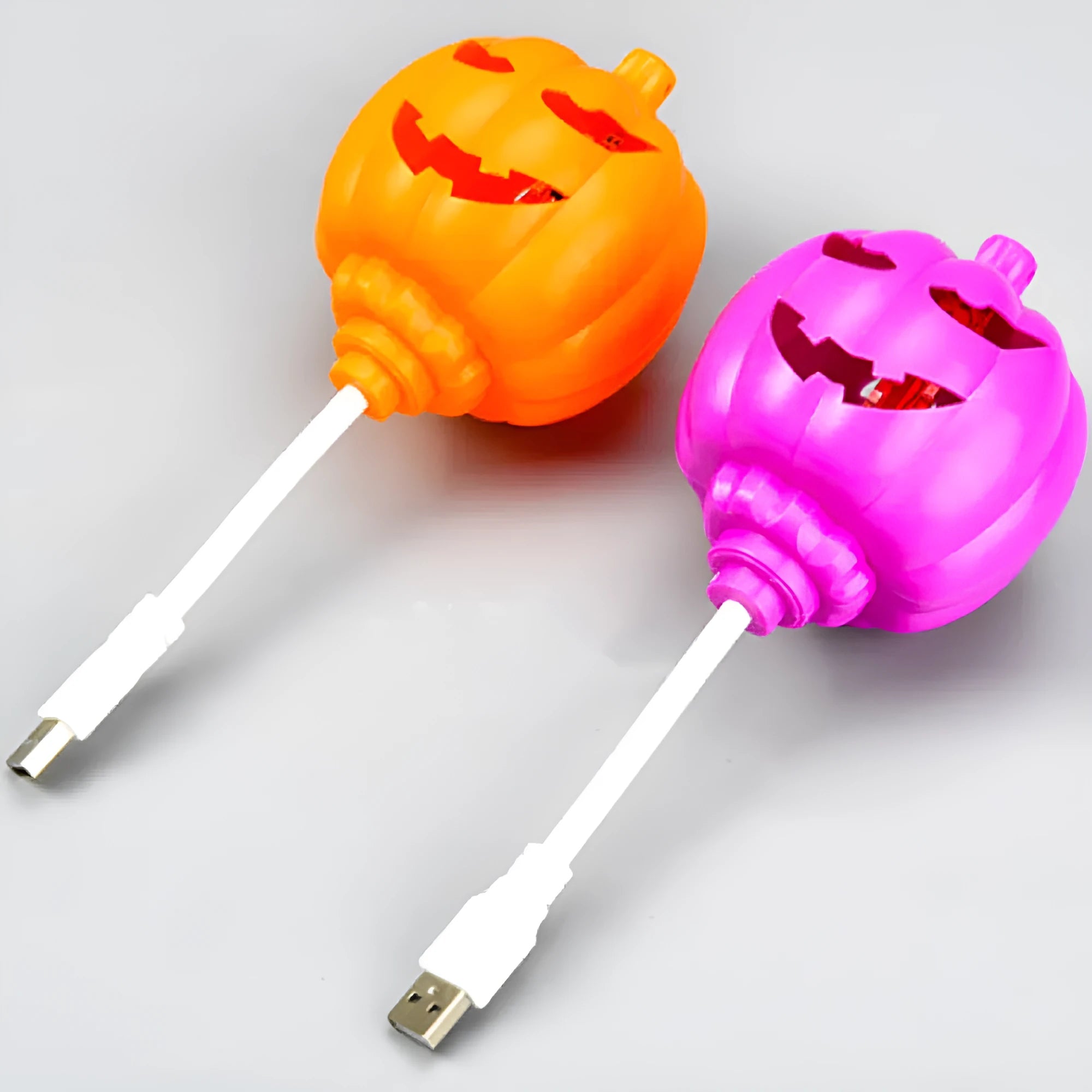 USB-powered pumpkin decorative lamp showing purple or yellow light options