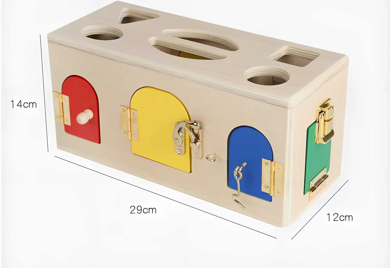 Wooden educational shape sorting box with 12 geometric pieces for preschool children