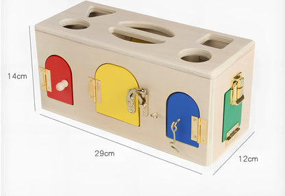 Wooden educational shape sorting box with 12 geometric pieces for preschool children