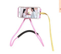 White universal neck phone holder with 360-degree rotating clamp shown holding a smartphone.