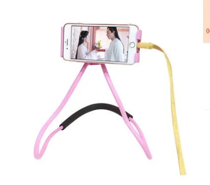 White universal neck phone holder with 360-degree rotating clamp shown holding a smartphone.