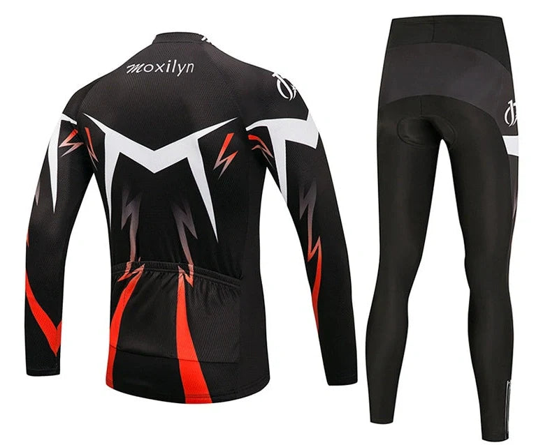 Winter cycling suit with fleece lining shown in green and red colour options with size measurements displayed