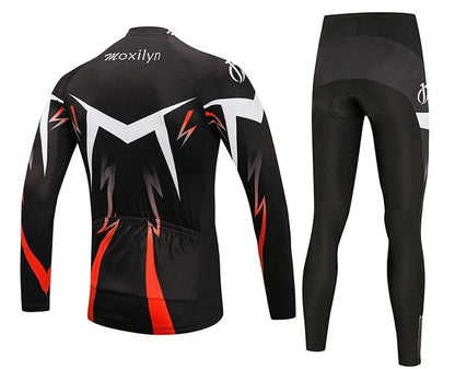 Winter cycling suit with fleece lining shown in green and red colour options with size measurements displayed