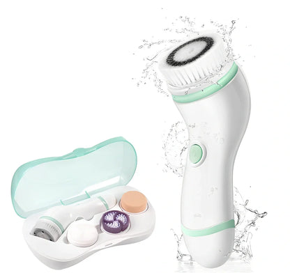 Blue 4-in-1 electric facial cleansing brush with exfoliating head, soft sponge, silicone brush, and travel case for deep pore cleaning