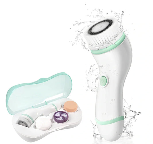 Blue 4-in-1 electric facial cleansing brush with exfoliating head, soft sponge, silicone brush, and travel case for deep pore cleaning