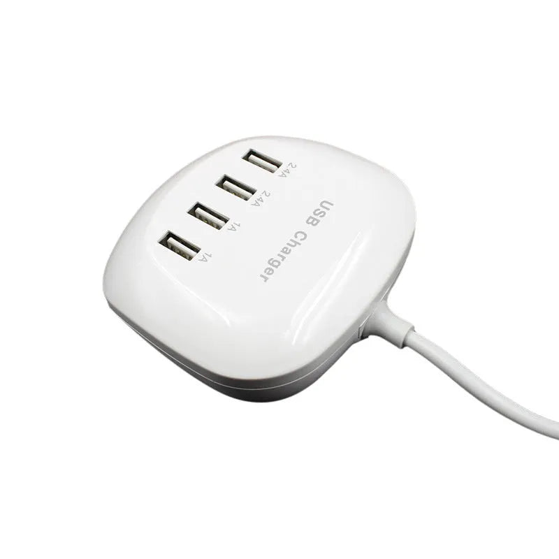 A white USB wall charger with either a two-pin EU plug or a two-pin US plug, showing the USB output port.