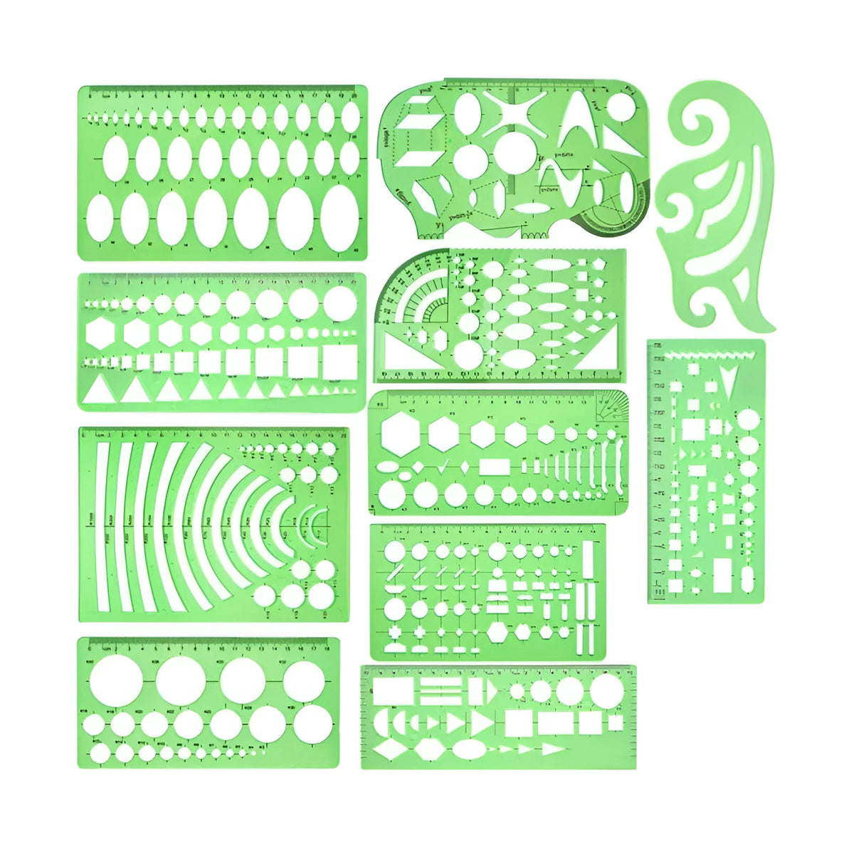 Clear green plastic geometric drawing templates set with 11 pieces and poly zipper envelope