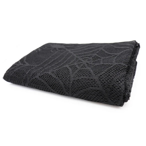 Black lace Halloween tablecloth with spider web design, perfect for Kiwi Halloween and year-round use