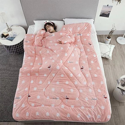 Cozy fleece-lined blanket with sleeves in various colors and designs, providing warmth and comfort for cold weather use.