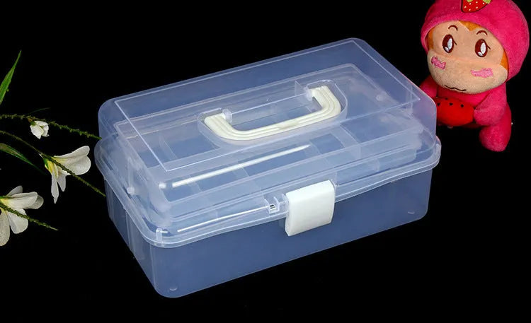 Large 2-layer transparent PP plastic storage box with foldable design, containing medicines and cosmetics