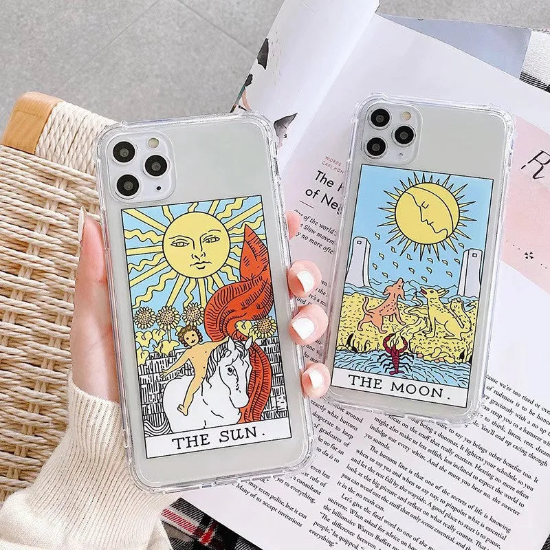 Creative Mythology Comic silicone TPU phone case in Sun and Moon colours for various iPhone models.