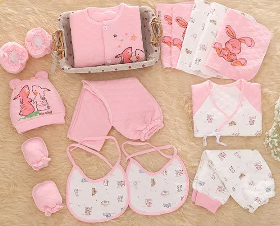 Pink padded baby clothes set with radish rabbit pattern for newborn winter wear