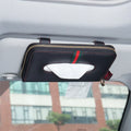 Car tissue box cover in black microfiber leather attached to a car sun visor, dimensions 21x13x2cm