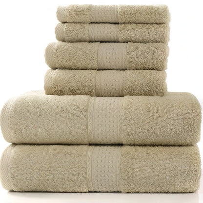 Pure cotton absorbent towel set in bamboo green, showing 140x70cm bath, 33x73cm hand, and 33x33cm square towels