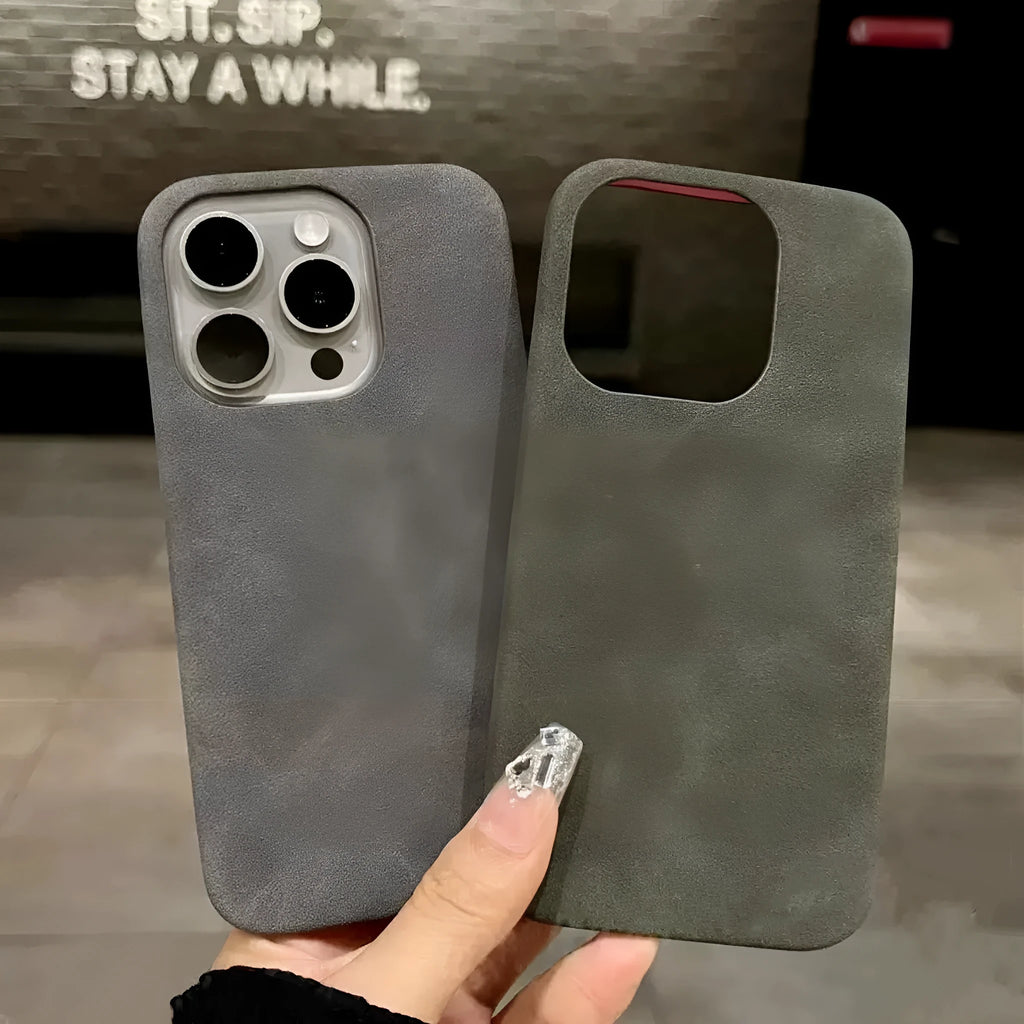 Frosted suede phone case for iPhone in solid colour showing rear cover with camera cutout