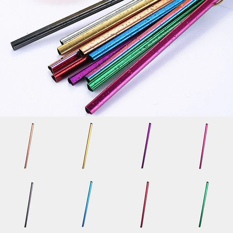 Reusable heart-shaped stainless steel straws in various colours with cleaning brush