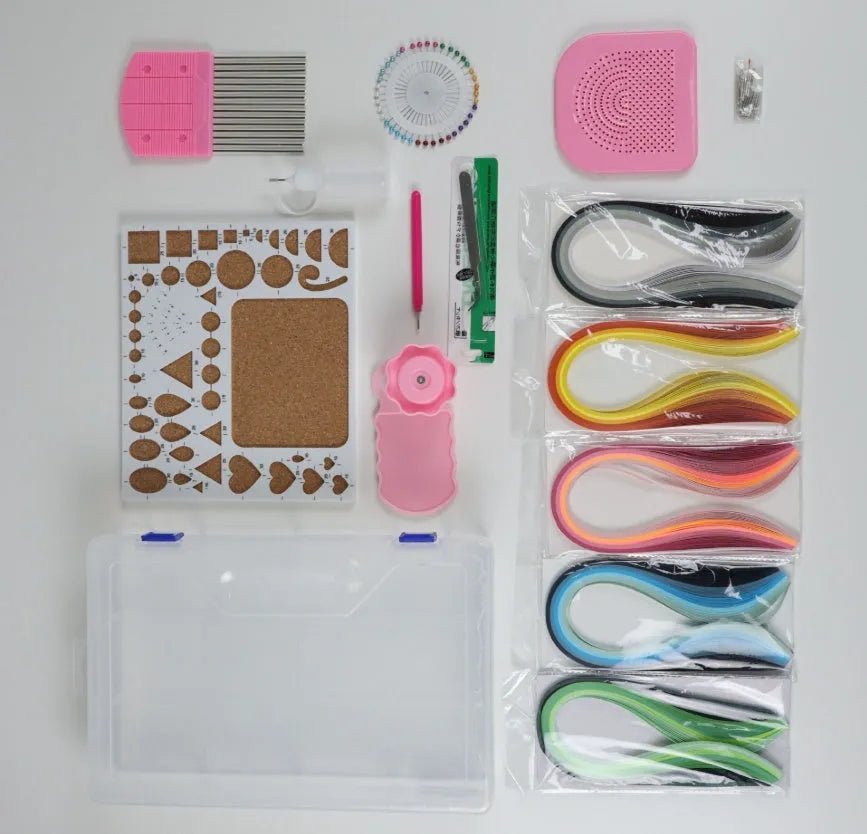 Art beginner paper craft kit with gradient paper strips 39cm and quilling tools in storage box