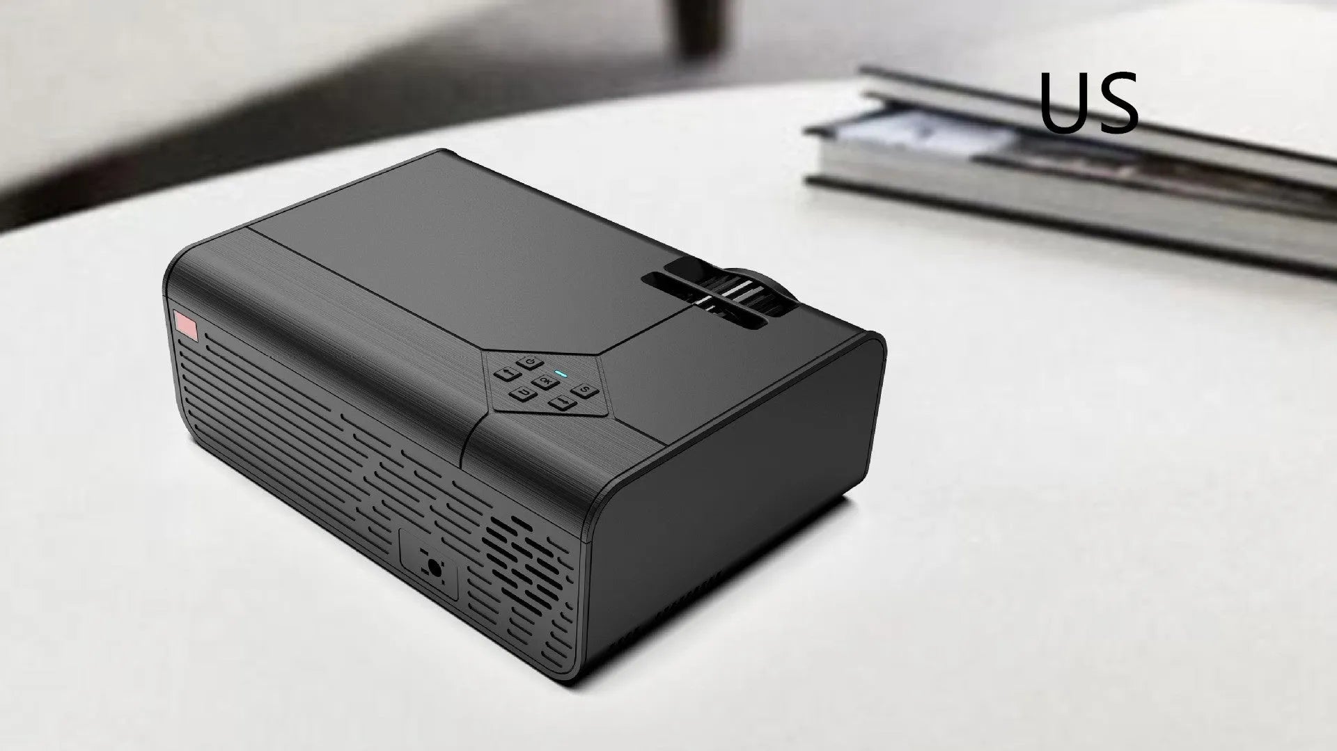 Pearl white Android smart HD micro projector on desk with projected screen 220-124cm