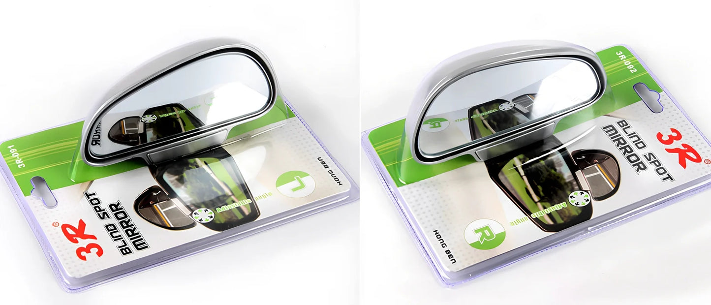 Black adjustable car blind spot mirror with 360-degree lens and 3M adhesive on rearview mount