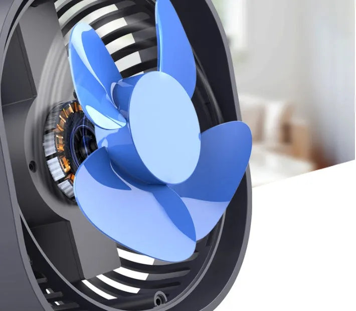 USB rechargeable desk fan with alarm clock display in blue, showing 360-degree rotation