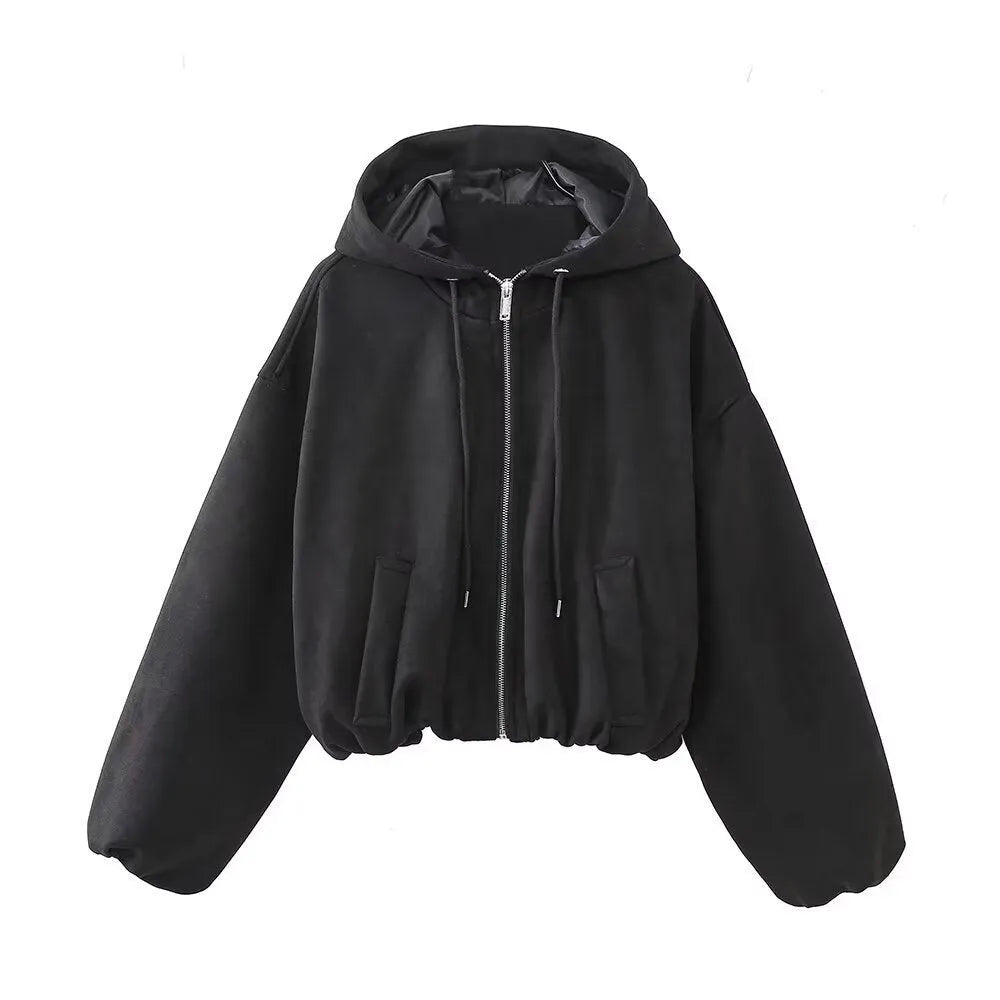 Women's casual hooded jacket in suede fabric available in black or white colours