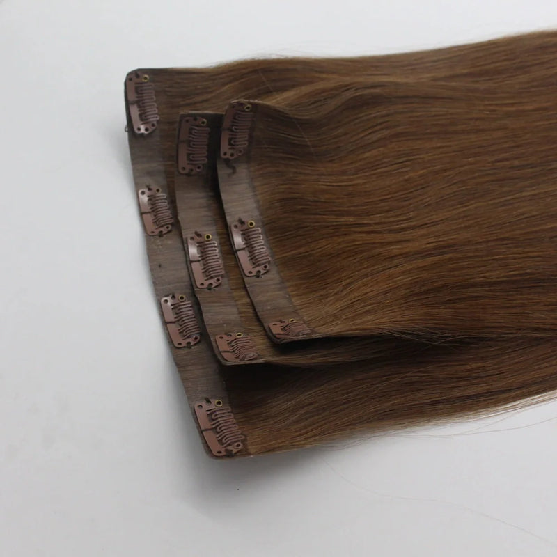 Clip-in human hair extensions in 10 length options from 10 to 30 inches, made from 100% real hair that can be dyed and styled with heat tools for custom colour and texture