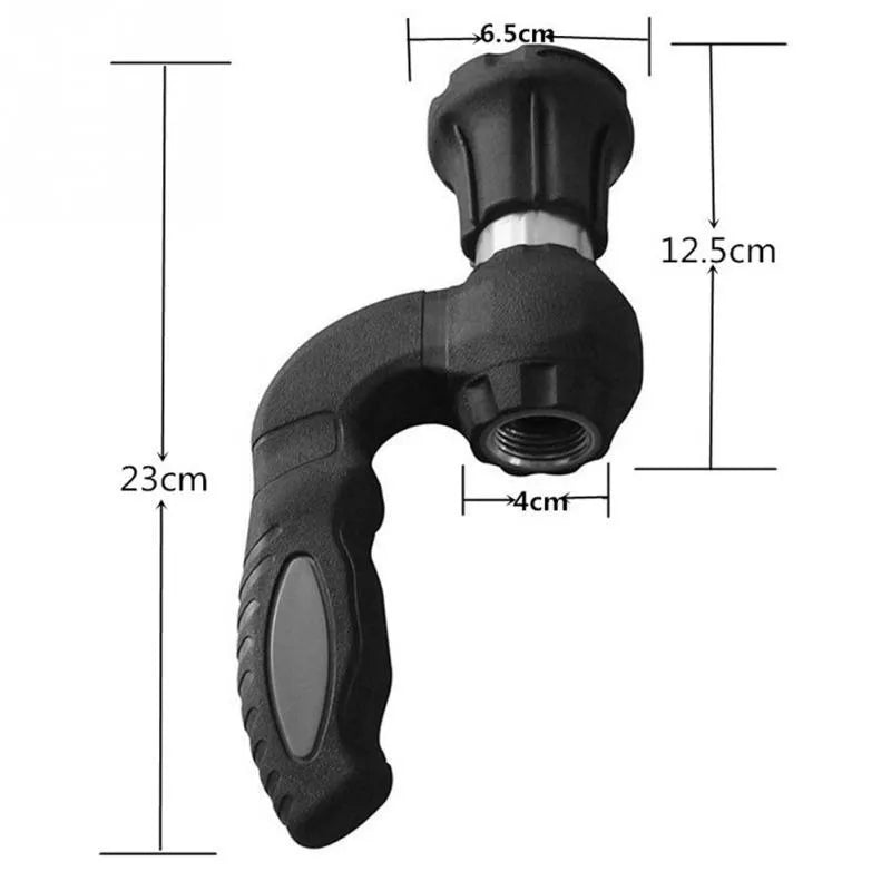 Black sprinkler gun car washer cleaning tool with five spray settings and rubber grip on a white background