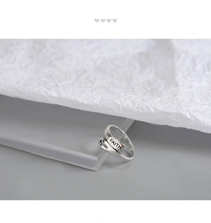 Adjustable English Letter Hollow Belief Ring in silver with unique design