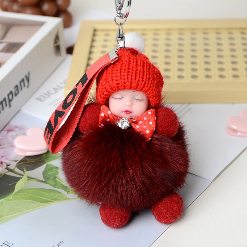 Hand-woven fox fur sleeping doll plush keychain pendant with or without bow