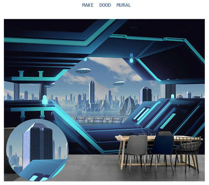 3D Spaceship Space Capsule Wallpaper in abstract Nordic design, waterproof and made from premium silk