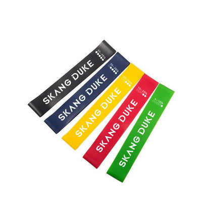 Set of five colour-coded resistance bands for yoga and fitness training, with storage bag