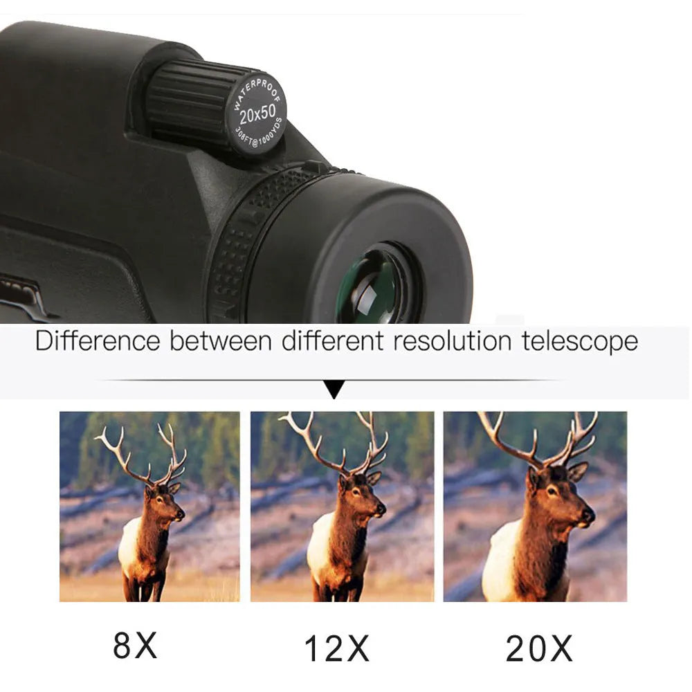Black 20x50 monocular telescope with 12x zoom and wide field view