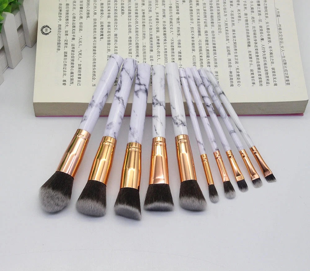 15-piece marbled design makeup brushes set with nylon bristles and wooden handles