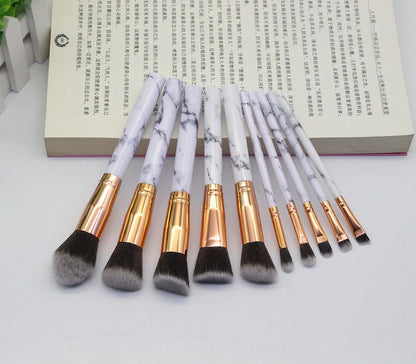 15-piece marbled design makeup brushes set with nylon bristles and wooden handles