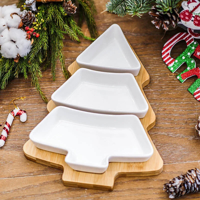 4-piece set of Christmas tree-themed ceramic plates in white and pink colors, perfect for holiday dining and entertaining